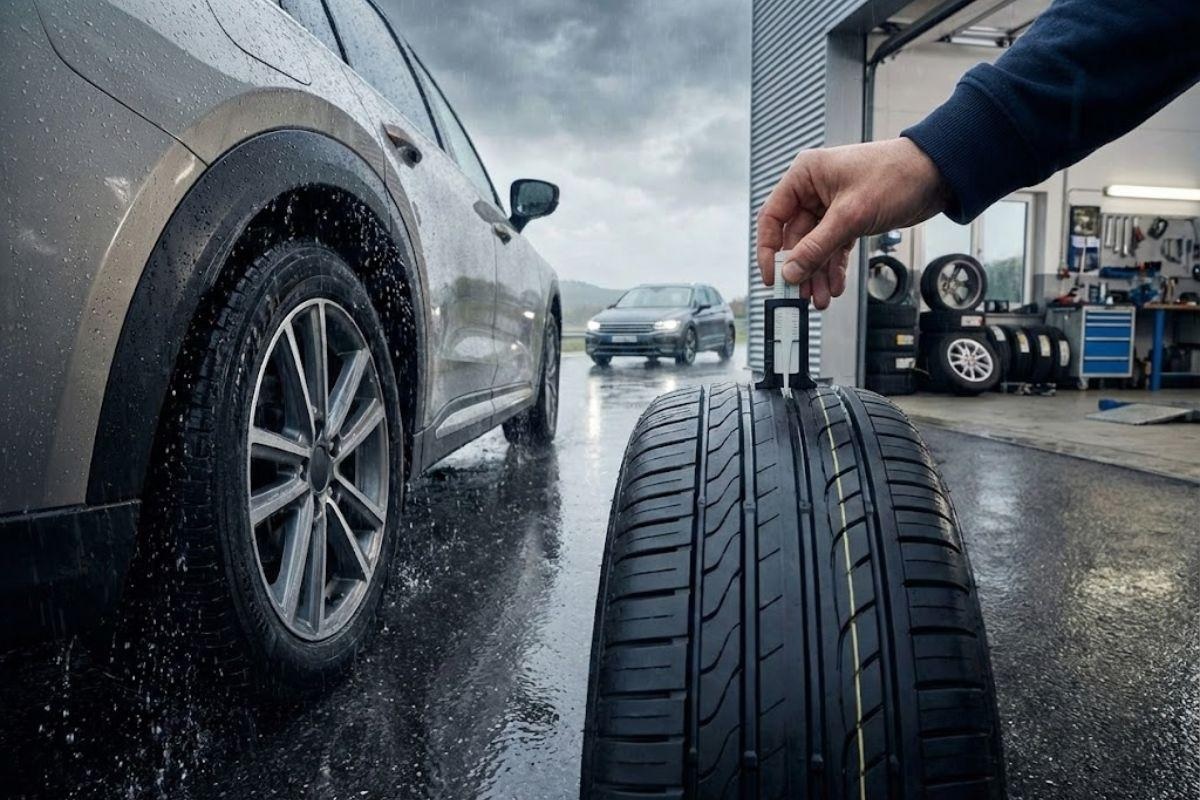 Kỹ thuật viên VinCar kiểm tra độ sâu gai lốp ô tô trước mùa mưa